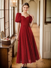 Load image into Gallery viewer, Romantic Vintage-Inspired Ruby Red Lace Midi Dress with Puff Sleeves