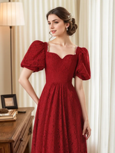 Load image into Gallery viewer, Romantic Vintage-Inspired Ruby Red Lace Midi Dress with Puff Sleeves