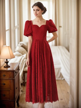 Load image into Gallery viewer, Romantic Vintage-Inspired Ruby Red Lace Midi Dress with Puff Sleeves