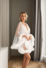 Load image into Gallery viewer, Luxurious Sheer Bridal Robe with Feathered Hem and Satin Tie