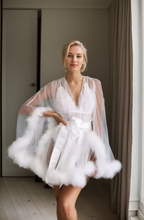 Load image into Gallery viewer, Luxurious Sheer Bridal Robe with Feathered Hem and Satin Tie