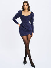 Load image into Gallery viewer, Denise Navy Tweed Ruched Puff Sleeve Mini Dress