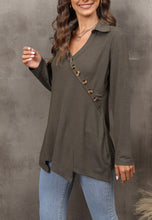 Load image into Gallery viewer, Contrast Button Asymmetrical Hem Sweater