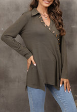 Load image into Gallery viewer, Contrast Button Asymmetrical Hem Sweater