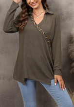 Load image into Gallery viewer, Contrast Button Asymmetrical Hem Sweater