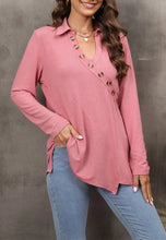 Load image into Gallery viewer, Contrast Button Asymmetrical Hem Sweater