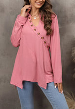 Load image into Gallery viewer, Contrast Button Asymmetrical Hem Sweater