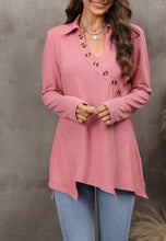Load image into Gallery viewer, Contrast Button Asymmetrical Hem Sweater