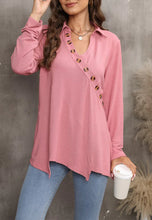 Load image into Gallery viewer, Contrast Button Asymmetrical Hem Sweater
