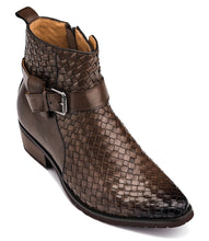Load image into Gallery viewer, CALTO - K30525 - 3.3 Inches Taller (Coffee Brown) - Woven High-Top Buckle Zipper Ankle Boots