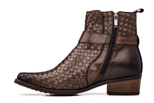 Load image into Gallery viewer, CALTO - K30525 - 3.3 Inches Taller (Coffee Brown) - Woven High-Top Buckle Zipper Ankle Boots