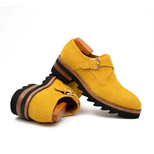 Load image into Gallery viewer, Lemon Yellow Cow Suede Monk Strap Shoes