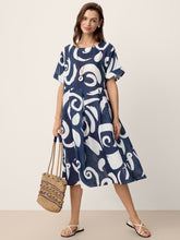 Load image into Gallery viewer, Linen Abstract-Print Pleated-Waist Midi Dress PRIYA
