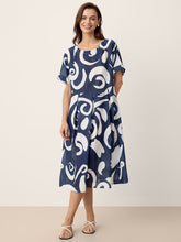 Load image into Gallery viewer, Linen Abstract-Print Pleated-Waist Midi Dress PRIYA