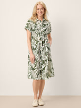 Load image into Gallery viewer, Linen Palm Print Drawstring Waist Cuffed Sleeve Midi Shirt Dress AURELIA