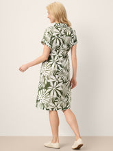 Load image into Gallery viewer, Linen Palm Print Drawstring Waist Cuffed Sleeve Midi Shirt Dress AURELIA