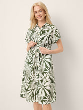 Load image into Gallery viewer, Linen Palm Print Drawstring Waist Cuffed Sleeve Midi Shirt Dress AURELIA