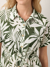 Load image into Gallery viewer, Linen Palm Print Drawstring Waist Cuffed Sleeve Midi Shirt Dress AURELIA