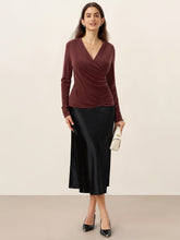 Load image into Gallery viewer, Wool Lyocell Asymmetric Ruched Overlap V-Neck Top TILLY