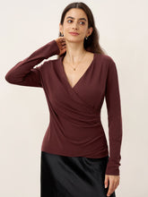 Load image into Gallery viewer, Wool Lyocell Asymmetric Ruched Overlap V-Neck Top TILLY