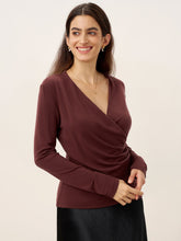 Load image into Gallery viewer, Wool Lyocell Asymmetric Ruched Overlap V-Neck Top TILLY