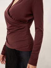Load image into Gallery viewer, Wool Lyocell Asymmetric Ruched Overlap V-Neck Top TILLY