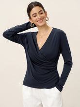 Load image into Gallery viewer, Wool Lyocell Asymmetric Ruched Overlap V-Neck Top TILLY
