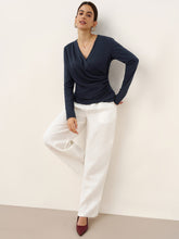 Load image into Gallery viewer, Wool Lyocell Asymmetric Ruched Overlap V-Neck Top TILLY