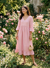 Load image into Gallery viewer, 100% Linen V-Neck Ruffle Hem Midi Dress with Crochet Trim MARTHA