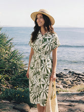 Load image into Gallery viewer, Linen Palm Print Drawstring Waist Cuffed Sleeve Midi Shirt Dress AURELIA