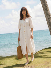Load image into Gallery viewer, 100% Linen Button-Front Lantern Sleeve Elasticated Waist Midi Dress LINNEA