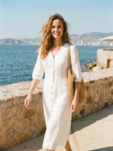 Load image into Gallery viewer, 100% Linen Button-Front Lantern Sleeve Elasticated Waist Midi Dress LINNEA