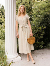 Load image into Gallery viewer, 100% Linen Plaid Detachable Tie-Belt Button-Front Maxi Dress LARISSA