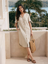 Load image into Gallery viewer, 100% Linen Button-Front Tie Cuff V-Neck Shirt Dress HONORIA
