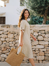 Load image into Gallery viewer, 100% Linen Button-Front Tie Cuff V-Neck Shirt Dress HONORIA