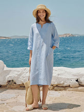Load image into Gallery viewer, 100% Linen Split-Neck Patch-Pocket Midi Dress KALINA