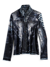 Load image into Gallery viewer, Women's Mesh Denim Look Printed Zip Front Jacket With Rhinestones