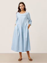 Load image into Gallery viewer, 100% Linen Crescent Neck Decorative Button Waist Pleated Maxi Dress GWENYTH