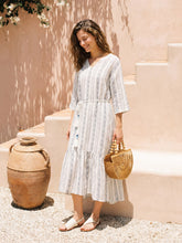 Load image into Gallery viewer, Linen Tribal Stripe Split Neck Bohemian Ruffle Maxi Dress with Woven Belt and Slip MARLOWE