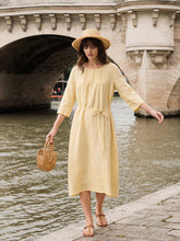 Load image into Gallery viewer, 100% Linen Pintucked Embroidered Adjustable Belt Tiered Maxi Dres VERENA