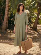 Load image into Gallery viewer, 100% Linen Center Pleat V-Neck Cuffed Sleeve Maxi Dress ZENOBIA