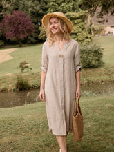 Load image into Gallery viewer, 100% Linen Stand Collar V-Slit Tab Sleeve Maxi Dress LEORA