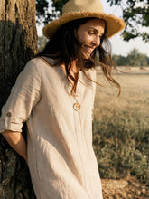 Load image into Gallery viewer, 100% Linen Stand Collar V-Slit Tab Sleeve Maxi Dress LEORA