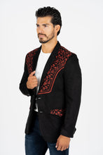 Load image into Gallery viewer, Men's Black/Burgundy Embroidered Faux-Suede Blazer