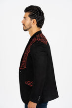 Load image into Gallery viewer, Men's Black/Burgundy Embroidered Faux-Suede Blazer