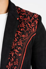 Load image into Gallery viewer, Men's Black/Burgundy Embroidered Faux-Suede Blazer