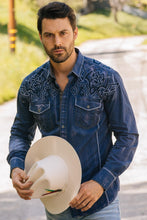 Load image into Gallery viewer, Mens Vintage Washed 2-tone Embroidery Modern Fit Stretch Shirt