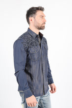 Load image into Gallery viewer, Mens Vintage Washed 2-tone Embroidery Modern Fit Stretch Shirt