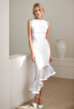 Load image into Gallery viewer, Modern Scoop Neck asymmetrical skirt hem Satin wedding dress little white dress