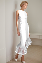 Load image into Gallery viewer, Modern Scoop Neck asymmetrical skirt hem Satin wedding dress little white dress